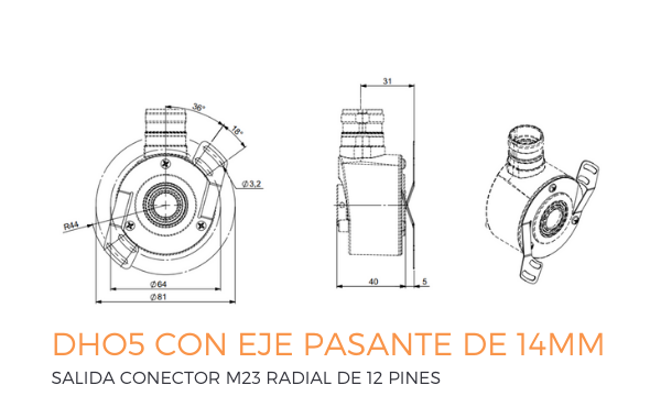 DHO5 con eje pasante de 14mm y salida conector M23 radial de 12 pines en Herrekor