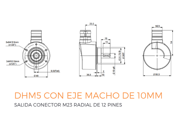 DHM5 con eje macho de 10mm y salida conector M23 radial de 12 pinesen Herrekor